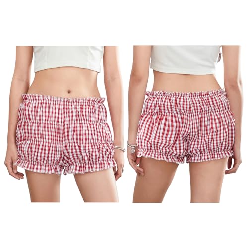 Image of Seyurigaoka Women's Y2K Ruffle Bloomer Shorts, Low Rise Gingham Plaid Leopard Tunnel Lolita Shorts