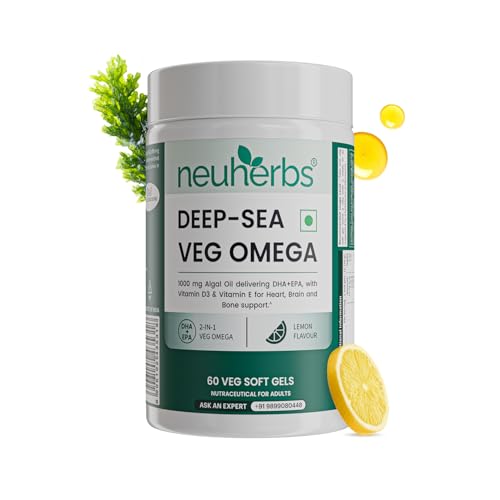 Image of Neuherbs Deep-Sea Veg Omega 3 Supplement | 1000mg Algal Oil | Omega3 Vegetarian Capsules | Supports Heart, Brain, Skin & Bone Health | 100% RDA Vitamin D3 & E | Heavy Metals Tested - 60 Veg Softgels