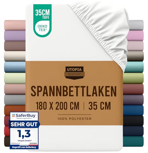 Utopia Bedding - Spannbettlaken 180x200cm - Weiß - Oeko-Tex Zertifiziertes Gebürstete Polyester-Mikrofaser Spannbetttuch - 35 cm Tiefe Tasche