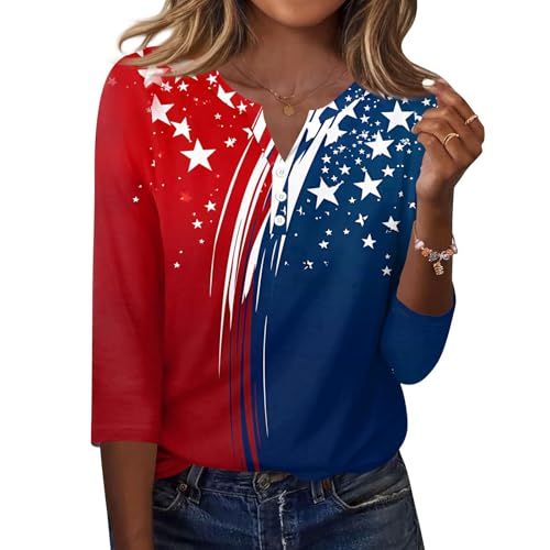 Image of 4th of July Shirts Women 3 /4 Length Sleeve Womens Tops Henley Neck Casual Patriotic T Shirts