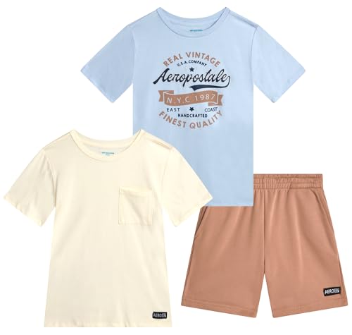 Image of AEROPOSTALE Boys Athletic Shorts Set - 3 Piece Performance Short Sleeve Graphic Boys T Shirts & Fleece Shorts (Size: 8-12)