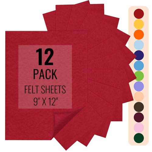 IONTACH 9" X 12" Felt Fabric Sheets 1.6mm Thick (12 Packs, Red)