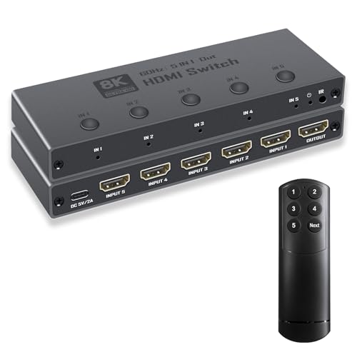 Enbuer 8K HDMI 2.1 Switch HDMI 2.1 Switcher 5 in 1 Out Supports CEC 8K@60Hz 4K@240Hz 1080P@480Hz HDCP 2.3 HDR 3D Dolby Atmos VRR Compatible with PS5 Xbox Blu-Ray Player with IR Remote Controller
