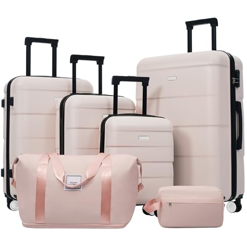 Image of 6 Pcs ABS Hardshell Luggage Sets Spinner Wheel Suitcase Lock Suitcases Light Pink
