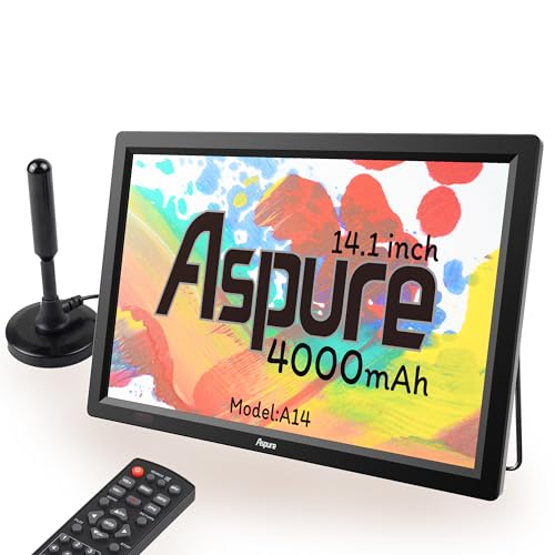 14 Inch Portable Digital DVB-T2 TFT HD Screen Freeview LED TV for Car,Caravan,Camping,Outdoor,Kitchen.Built-in 4000mAh Battery Television/Monitor with Multimedia Player FM function USB card ASPURE