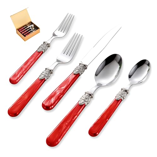 CATHYLIN 20 pieces 18/10 Stainless Steel Silverware Sets With Red Handle,Vintage Cutlery Sets,Sliverware set Service for 4,Dishware Safe (20, Red)