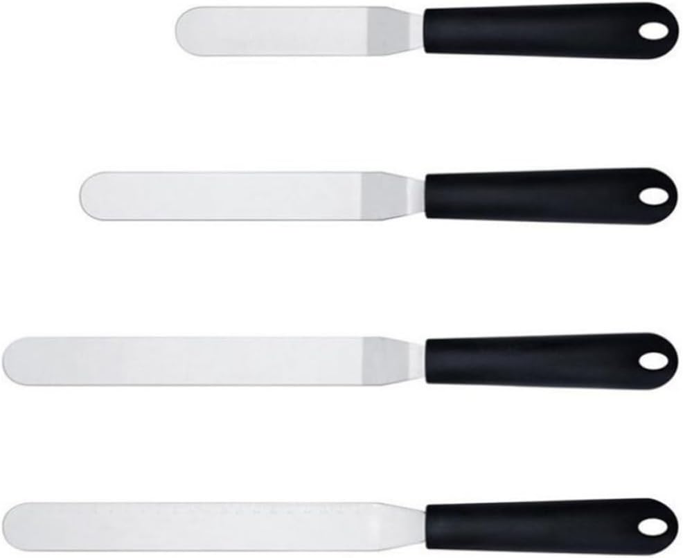 COLLBATH 4pcs Offset Icing Spatulas with Black Plastic Handles and Stainless Steel Blades Baking Gadget for Frosting and Decorating Cakes with Hanging Hole for Easy Storage
