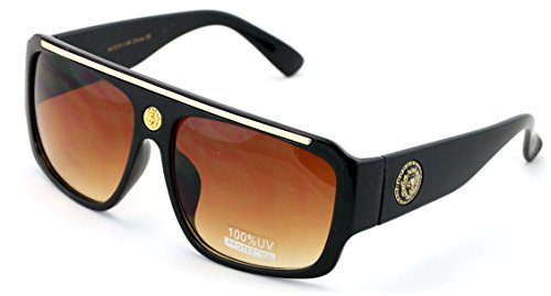 V.W.E. Lion Head Flat Top Hip Hop Rapper Retro Aviator Sunglasses (Black/Brown)