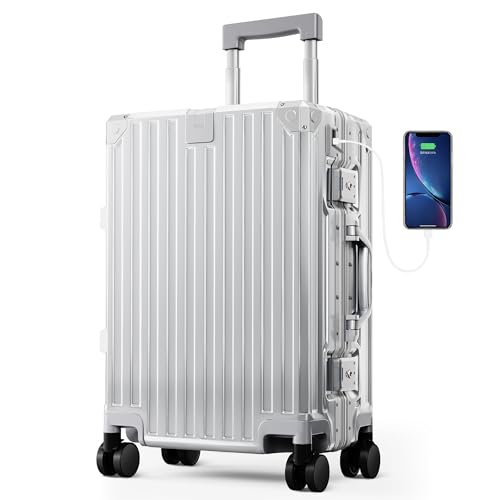 ALPHA CAMP Valise Cabine Valise Moyenne 37x22x55.5CM avec Serrure TSA Valise Rigide Polycarbonate et Cadre en Aluminium Valise Roulette Argenté Femme Bagage Voyage...