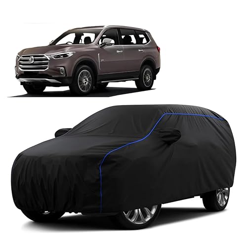 Image of Sulfar 100% Water Resistant Car Body Cover Compatible with Mirror for MG Gloster (Triple Stitched, Full Bottom Elastic, Black Tafetta with Blue Piping)