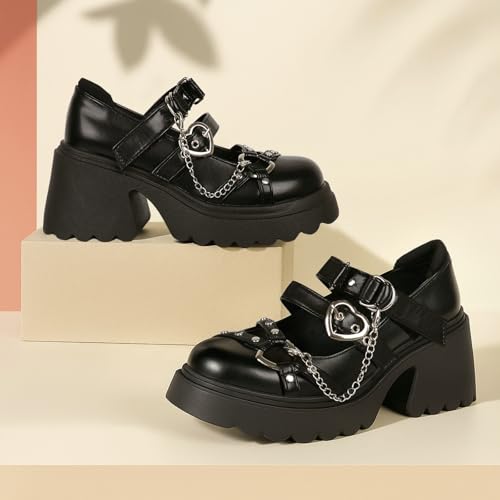 Image of Parisuit Womens Goth Platform Mary Janes Heels Buckle Chain Punk Cosplay Shoes Ankle Strap Chunky Heel Round Toe Pumps