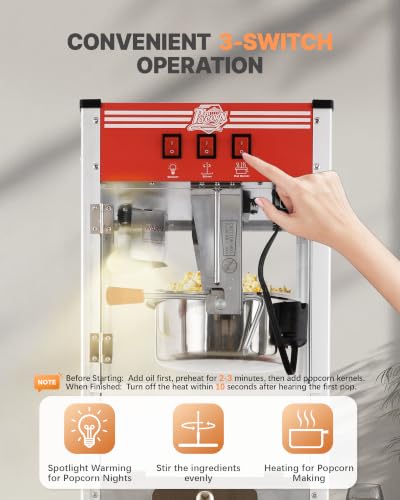 Image of 12 oz Commercial Popcorn Machine Cart with Candy Dispenser, Pop Corn Machine Maker Makes Up to 48 Cups, Movie Theater Popcorn Machine with 3-Switch Control&Stainless-Steel Kettle, Red