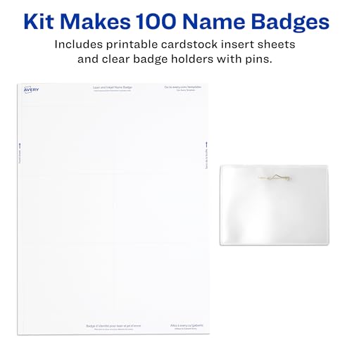 Image of Avery Customizable Name Badges, Pin Style, 3 inch x 4 inch, Clear Name Tag Holders, White Laser /Inkjet Printable Inserts, 100 Total (74540)