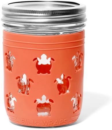 Sili Wraps Mason Jar Wraps, Silicone Sleeve Protector For 16oz Regular & Wide Mouth Mason Jars, Decorative & Resistant Jar Jackets, Set of 4 Sleeves, Coral Turtle