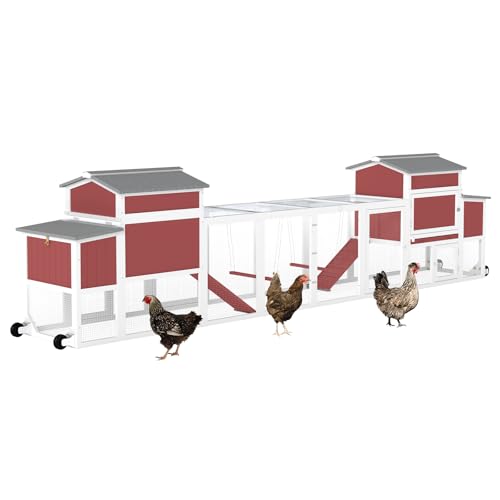 Chicken Coop Mobile Wooden Hen House with Nesting Box,166.4" L Outdoor Chicken House with 4 Wheels and Removable Tray,Fir Wood Chicken Tractor with 12