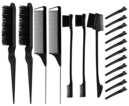 19 Pieces Teasing Brush Set Edge Brush and Rat Tail Comb, Nylon Hair Brush Teasing Comb Double Sided Control Hair Brush Duckbill Hair Clips for Home Salon Hair Styling Sectioning Back Combing (Black)