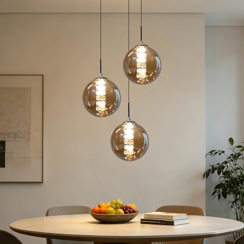 CBJKTX Suspension pour table à manger Lampe suspendue réglable en hauteur Lustre 3 ampoules en verre couleur ambre cuisine salon chambre couloir