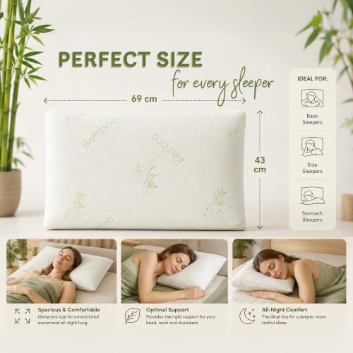 Image of MYTRIDENT Classic Bamboo Memory Foam Pillow for Better Sleep, 1 Piece Standard Size 43 cm x 69 cm - White