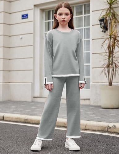 Image of Arshiner Girl's 2 Piece Outfits Long Sleeve Knit Pullover Sweater Tops Wide Leg Pants Casual Fall Sets Tracksuits