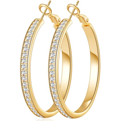 OOOPEL Large Rhinestone Hoops Sparkly Big CZ Hoop Earrings for Women Non Tarnish 925 Sterling Silver/Gold Plated Rhinestone Earrings for Sensitive Ears 20/30/40/50/60/70mm
