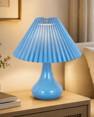 Image of Homesake Modern Small Ceramic Table Lamp, Classic Bedside Desk Lamp for Living Room Bedroom, Farmhouse Home Decor Nightstand Lamps Light with Fabric Pleated Shade, (Turquoise Pleated Shade)