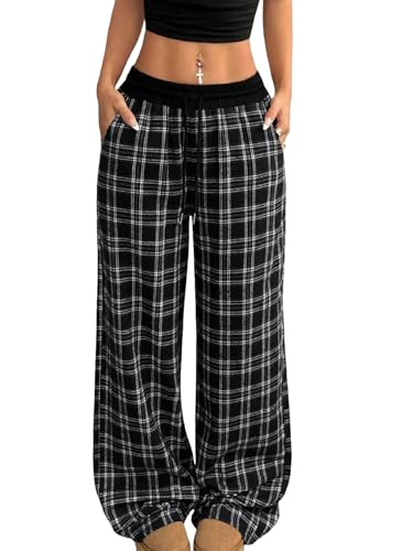 Women's Gingham Pants Plaid Casual Y2k Checkered Waist Wide Leg Baggy Pants Long Trousers with Pockets2