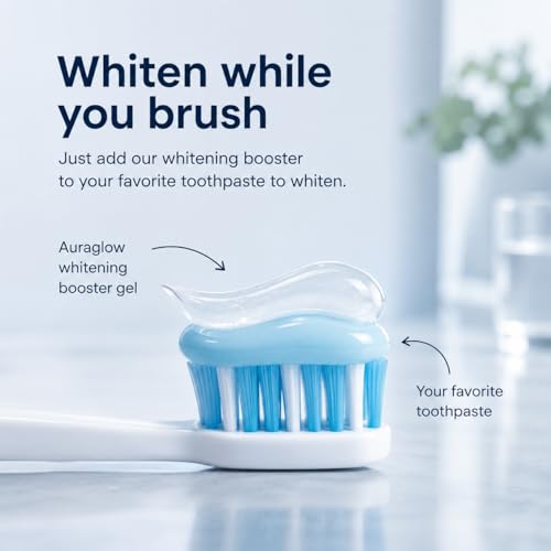 Image of Auraglow Teeth Whitening Gel for Toothpaste, 9% Hydrogen Peroxide, Add to Toothpaste to Whiten, 350+ Whitening Treatments, Removes Coffee Wine Tea Stains, No Trays or Strips, Made in USA, 2.6oz