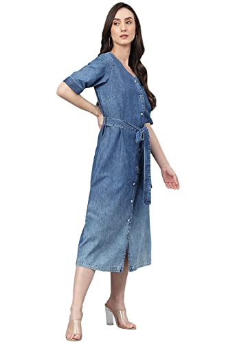 Image of Janasya Women's Denim Solid Straight Western Dress