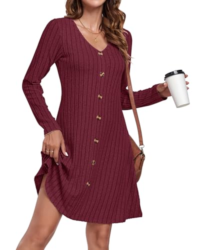 AUSELILY Herbstkleid Damen Strickkleid Dekorative KnöPfe Leichte Langarm Kleid Herbst Winter V-Ausschnitt A Linien Pulloverkleid Winterkleid Elegant Weinrot 2XL