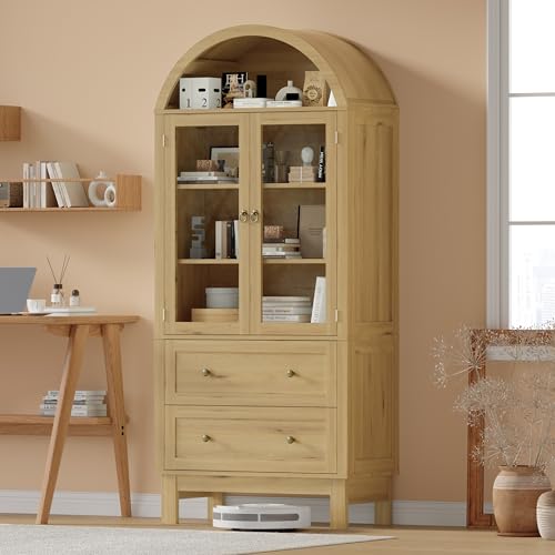 Image of 71 inch Tall Arched Bookshelf, 6-Tier Bookcase with Glass Doors & Adjustable Shelves, Wood Display Book Shelf with Drawers for Living Room, Dining Room, Natrual