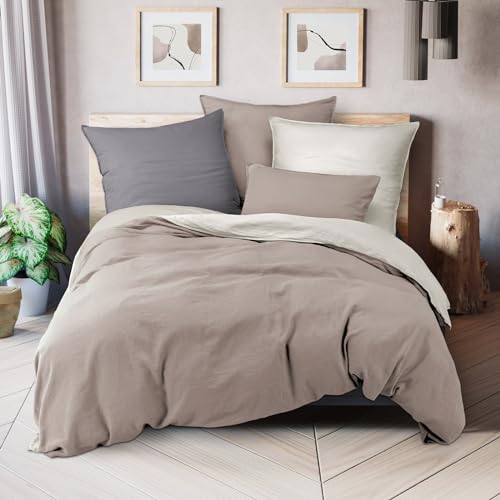 Pure Label Halbleinen Bettwäsche 135x200 cm mit Kissenbezug 80x80 cm in Taupe - Bügelfreie Bettwäsche Sets 135 x 200 aus belgischem Leinen und...