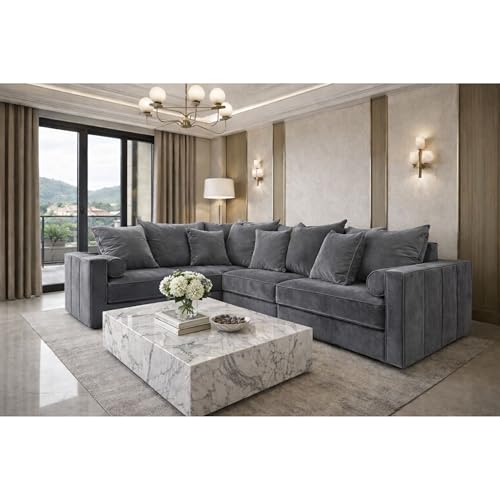 ark future Corner Sofa 1C2 | Plush Velvet | 5-Seater L-Shaped Couch | Traditional Style | 200cm x 240cm (Grey Plus velvet)