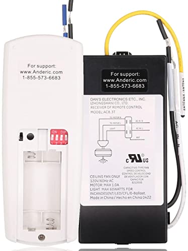Anderic Ceiling Fan Remote Control Kit Universal For 3-Speed Fans With Fan Timer And Light Control 3-Speeds, Compact Receiver 63T-Ac83T-Kit #TOP2