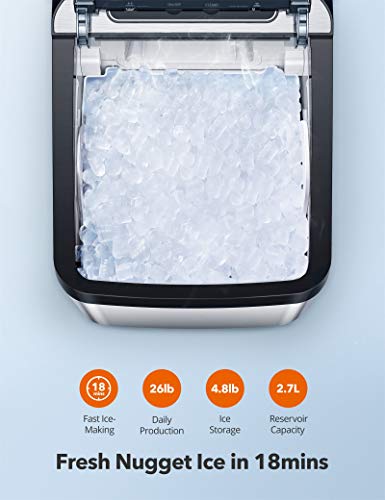 TaoTronics Nugget Ice Maker for Countertop, Sonic Ice Maker Machine, Makes 26lb Nugget Ice per Day, Crunchy Pellet Ice Maker with 3.3lb Ice Bin and Scoop for Home Office, Self-Cleaning