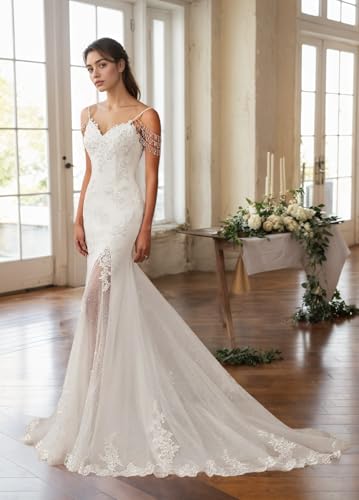 Off Shoulder Tulle Wedding Dresses for Bride 2025 Mermaid Laces Applique V Neck Spaghetti Straps Bridal Gown with Train4