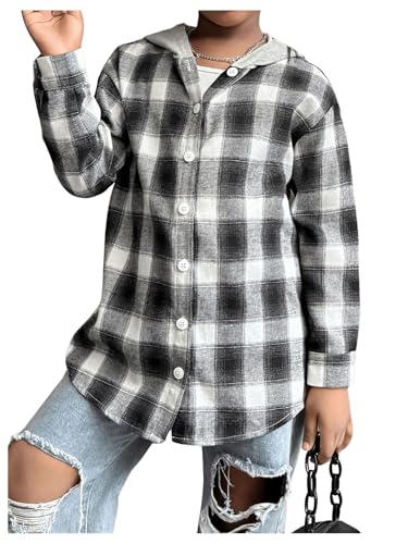 Floerns Girl's Plaid Print Long Sleeve Shacket Shirts Button Down Hoodie Jacket