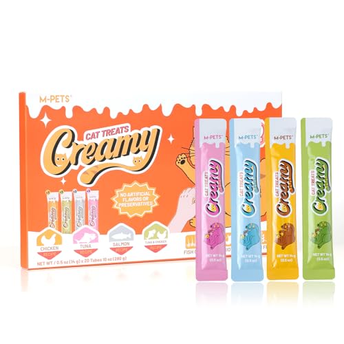 M-PETS Creamy Lickable Cat Treats – 4 Flavor Variety Pack, 20 Tubes of Healthy Squeeze Up Snacks with Functional Nutrients for Hydration, Skin & Coat, and Digestive Health – Grain Free, High