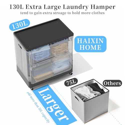 Image of HAIXIN HOME 130L Rolling Laundry Hamper with Lid, Large Plastic Laundry Basket for College Dorm, Foldable Dirty Clothes Hamper Organizer for Industry, Bedroom, Living Room, Bathroom - Black 2 Pack