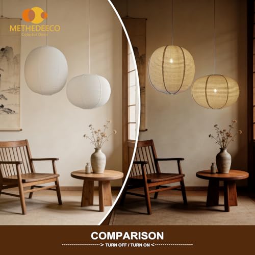 Image of METHEDEECO 2 Pack Pendant Lamp Shades, 16 Inch Linen Hanging Light Shades, Oval and Round Lantern Shade Covers, Beige Fabric Boho Japandi Minimalist Decor, Shades Only for Bedroom, Living Room (beige)