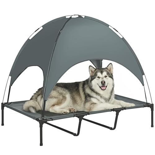 PawHut Erhöhtes Hundebett mit Baldachin, Haustierbett, Hundeliege Outdoor mit Dach, Atmungsaktiv, Taftstoff für Camping Grau 122 x 92 x 108 cm