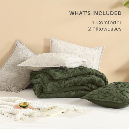 Image of Litanika Queen Size Comforter Set Olive, 3 Piece Cream Boho Tufted Bedding, Fluffy Farmhouse Bed Set for All Season with 2 Leaf Pattern Pillowcases(90x90In)