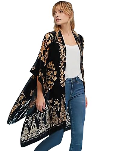 Image of Women's Burnout Velvet Kimono Long Cardigan Cover Up Casual Outfit
