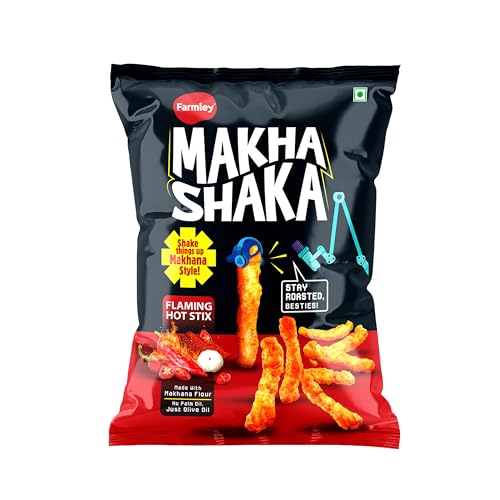 Image of Makha Shaka Stix Farmley Pillow Pouch I Healthy Snacks | Namkeen Snacks I Puffed Snacks | Roasted in Olive Oi (33 g (Pack of 1), Flaming Hot Stix)