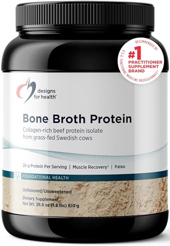 Designs for Health Bone Broth Protein Powder - 26g Grass-Fed, Collagen-Rich Beef Protein Isolate – Unflavored, Paleo, Non-GMO, Dairy-Free (30 Servings / 810g)