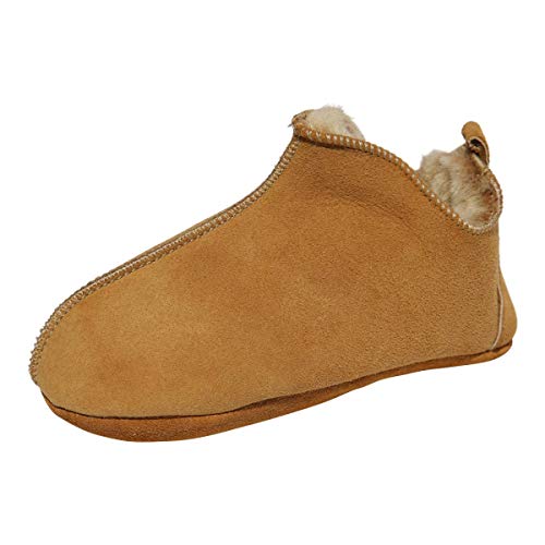 Hollert Lammfell Kinder Hausschuhe - Bali Mädchen & Jungen Fellschuhe mit weicher Sohle Cognac Schuhgröße EUR 33/34
