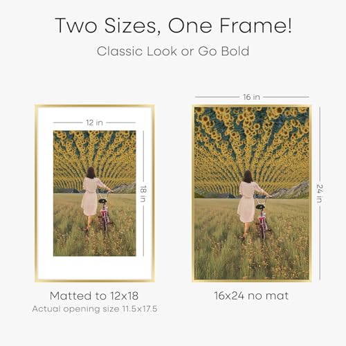 Image of Homeforia 16 x 24 Picture Frame Gold, High End Metal 16x24 Poster Frames with Mat 12x18 Photo, 16 x 24 Gold Frame Matted to 12 by 18 Print, 24x16 Thin Hanging Frame, Tempered Glass, Wall Kit, Set of 1