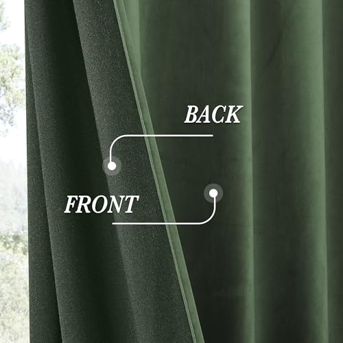 Image of RYB HOME Army Green Velvet Curtains 96 inches for Living Room Bedroom | Thermal Insulated, Privacy, Sunlight UV Heat Blocking, Luxurious Decor, Dining Room Nursery, Rod Pocket, W52 x L96, 2 Panels