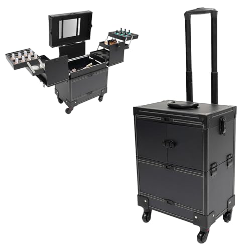 ACROSSPART Maletín de maquillaje con ruedas, 3 en 1, maletín de maquillaje con 4 ruedas universales y cerraduras delanteras y traseras, maletín de maquillaje para viajes, maletín multifuncional grande