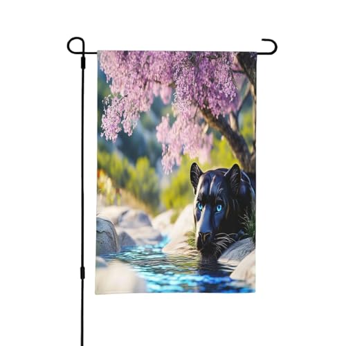 Il leopardo accanto al fiore lilla bandiere da giardino primaverile per esterni, perfette per decorazioni pasquali e decorazioni primaverili all'aperto