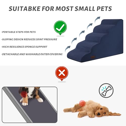 Image of Aodisman Dog Stairs for High Bed,5-Step Pet Ramp for Small Dogs and Cats | 22.2 inch H Dog Steps for Bed with High-Density Foam, Help Olders,Short-Legged Dogs,Puppy and Cats Get on Beds Easily,Grey,Blue